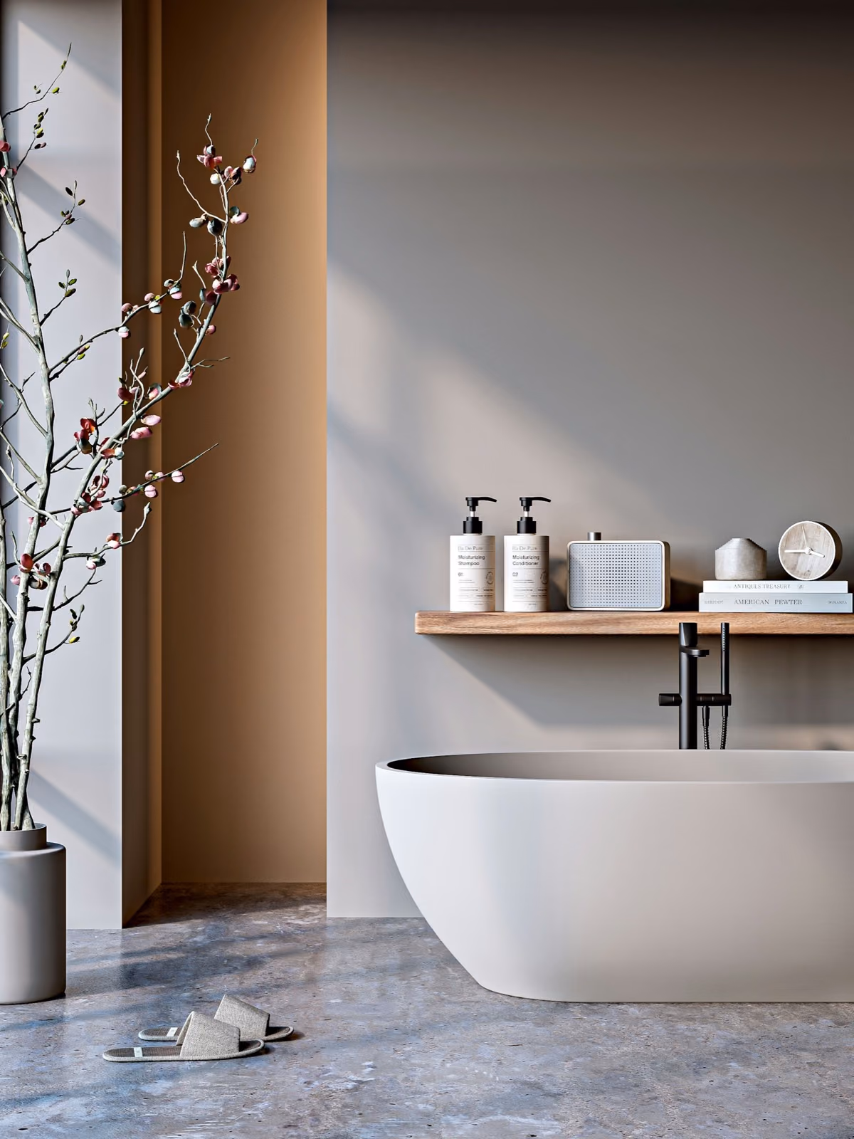 Baño reformado con bañera exenta, lavabo sobre encimera de madera y pared de microcemento